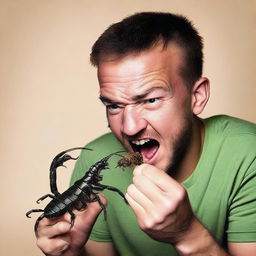 A daring individual attempting to eat a scorpion, their face showing a mixture of fear, excitement, and curiosity.