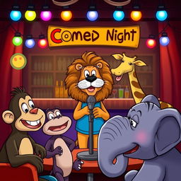 A humorous cartoon scene depicting a group of animals at a comedy club, with a lion as the stand-up comedian telling jokes