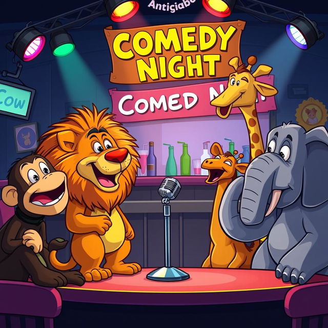 A humorous cartoon scene depicting a group of animals at a comedy club, with a lion as the stand-up comedian telling jokes