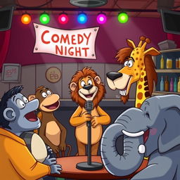 A humorous cartoon scene depicting a group of animals at a comedy club, with a lion as the stand-up comedian telling jokes