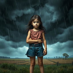 A resilient girl standing strong in the midst of a violent storm in a rural setting