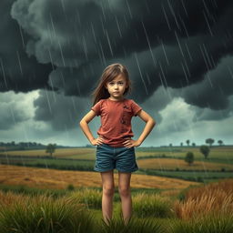A resilient girl standing strong in the midst of a violent storm in a rural setting