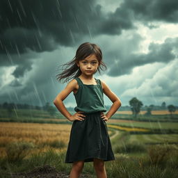 A resilient girl standing strong in the midst of a violent storm in a rural setting