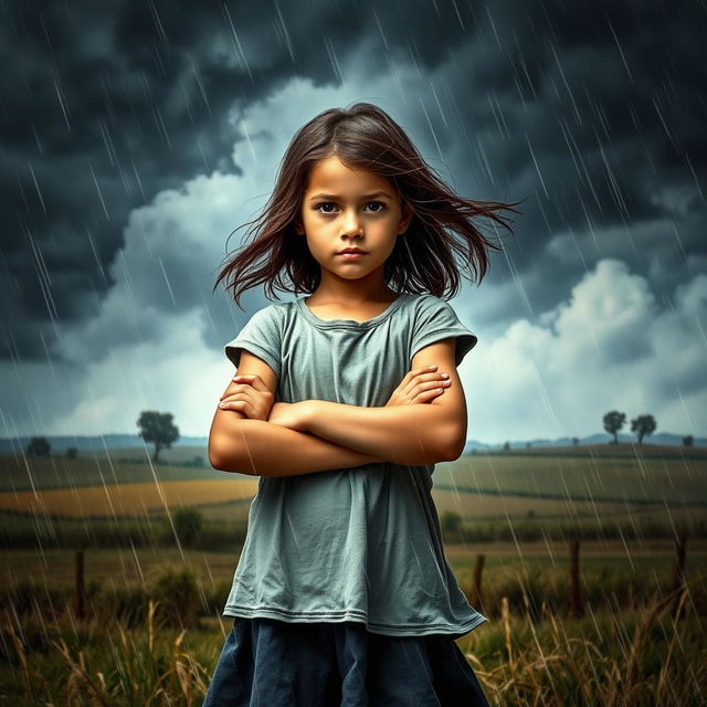 A resilient girl standing strong in the midst of a violent storm in a rural setting