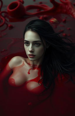 A young woman in an ethereal, surreal scene, partially submerged in a pool of crimson red liquid, representing blood, with her long hair flowing elegantly around her