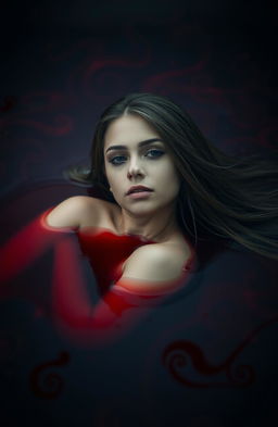 A young woman in an ethereal, surreal scene, partially submerged in a pool of crimson red liquid, representing blood, with her long hair flowing elegantly around her