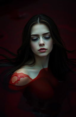 A young woman in an ethereal, surreal scene, partially submerged in a pool of crimson red liquid, representing blood, with her long hair flowing elegantly around her