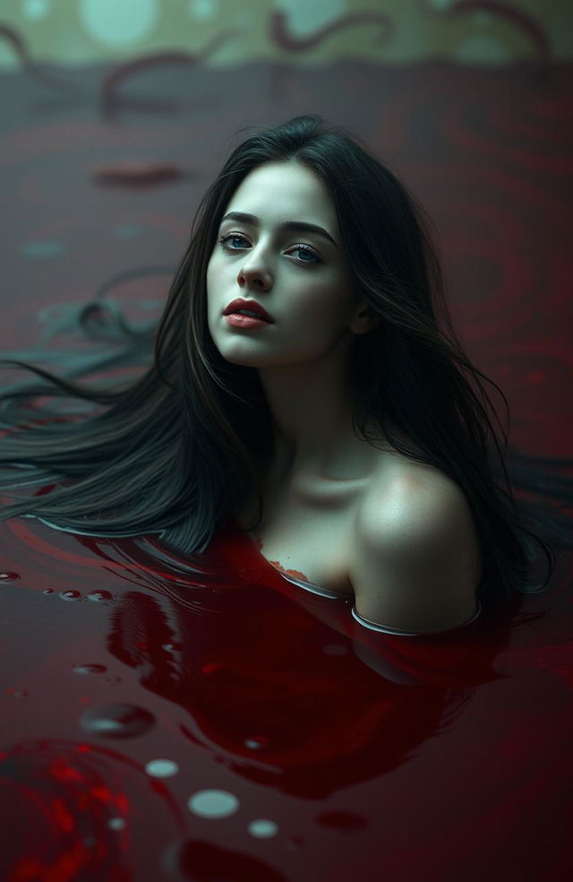 A young woman in an ethereal, surreal scene, partially submerged in a pool of crimson red liquid, representing blood, with her long hair flowing elegantly around her