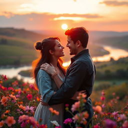 A romantic scene depicting a couple in a beautiful sunset, surrounded by vibrant flowers and soft glowing lights
