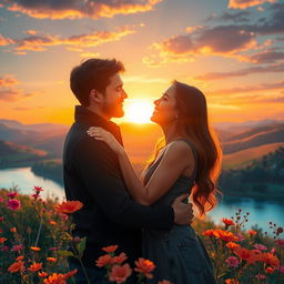 A romantic scene depicting a couple in a beautiful sunset, surrounded by vibrant flowers and soft glowing lights