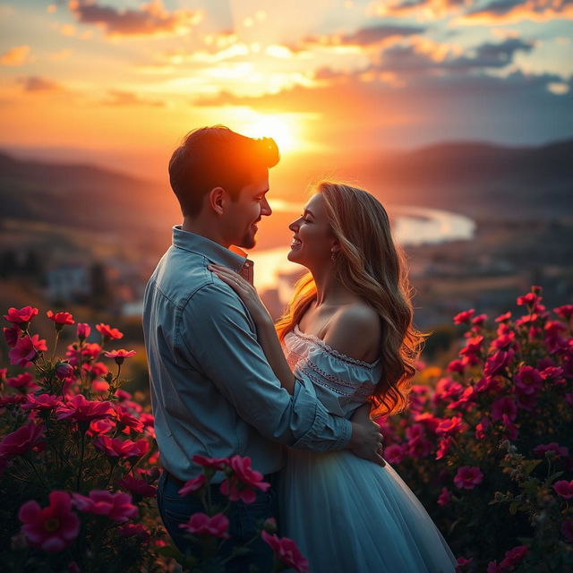 A romantic scene depicting a couple in a beautiful sunset, surrounded by vibrant flowers and soft glowing lights