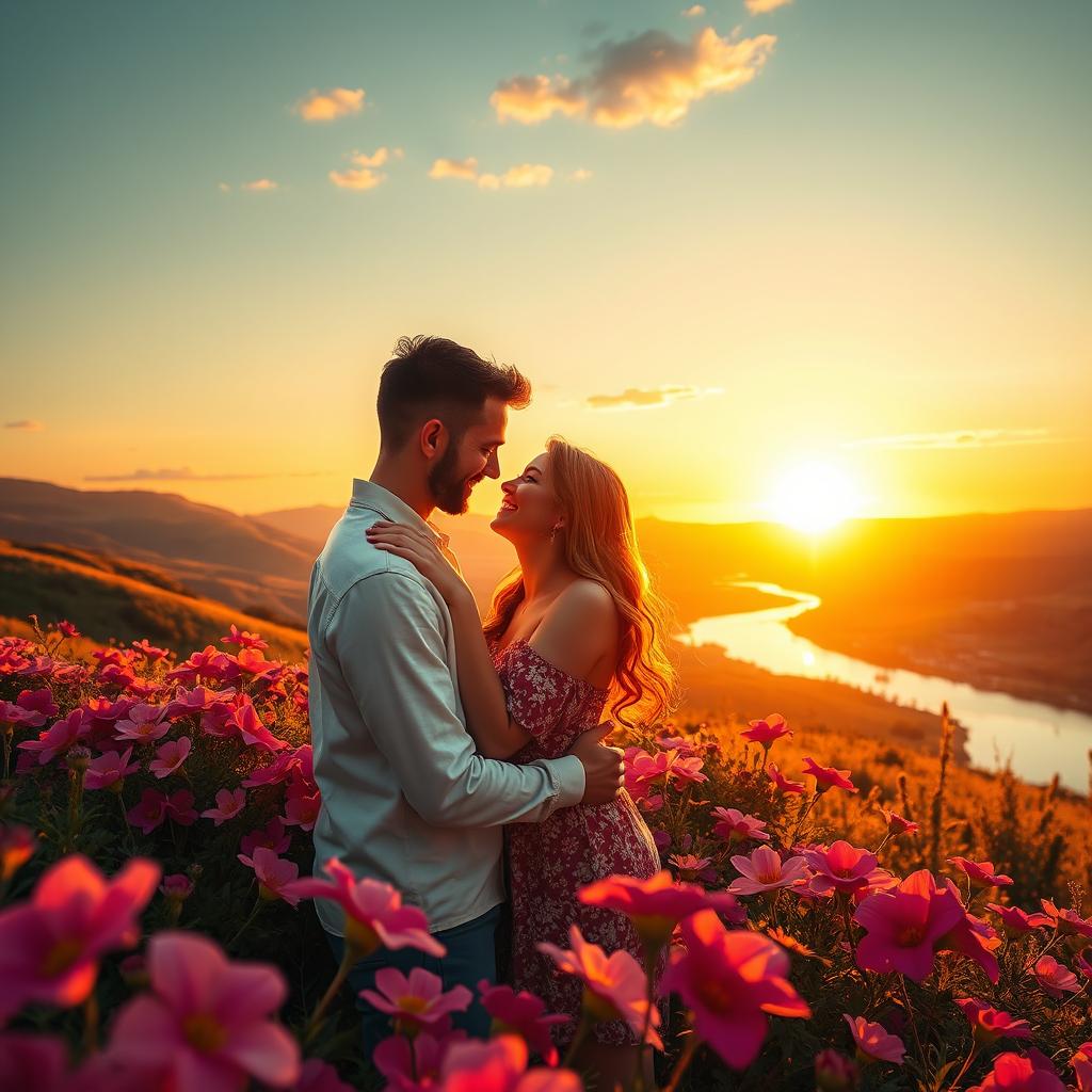 A romantic scene depicting a couple in a beautiful sunset, surrounded by vibrant flowers and soft glowing lights