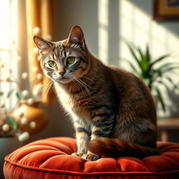 A vividly detailed portrayal of an elegant, well-groomed cat with a soft and shiny coat, sitting gracefully on a plush velvet cushion