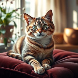 A vividly detailed portrayal of an elegant, well-groomed cat with a soft and shiny coat, sitting gracefully on a plush velvet cushion