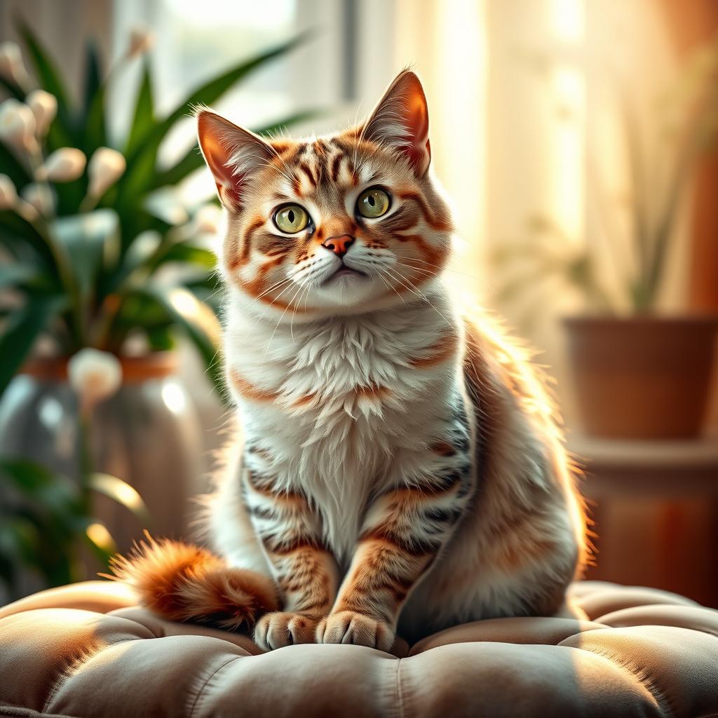 A vividly detailed portrayal of an elegant, well-groomed cat with a soft and shiny coat, sitting gracefully on a plush velvet cushion