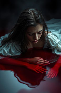 A poignant scene depicting a young woman in a state of despair, gently sinking into a pool of deep red liquid that symbolizes blood