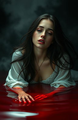 A poignant scene depicting a young woman in a state of despair, gently sinking into a pool of deep red liquid that symbolizes blood