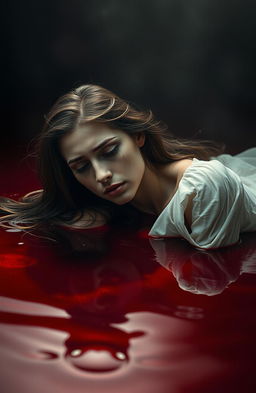 A poignant scene depicting a young woman in a state of despair, gently sinking into a pool of deep red liquid that symbolizes blood