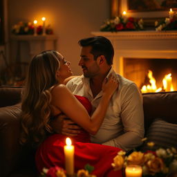 A passionate romantic scene between a couple in an intimate setting, warm candlelight illuminating their faces, as they embrace tenderly on a cozy sofa