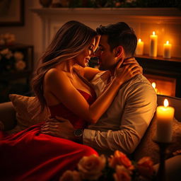 A passionate romantic scene between a couple in an intimate setting, warm candlelight illuminating their faces, as they embrace tenderly on a cozy sofa