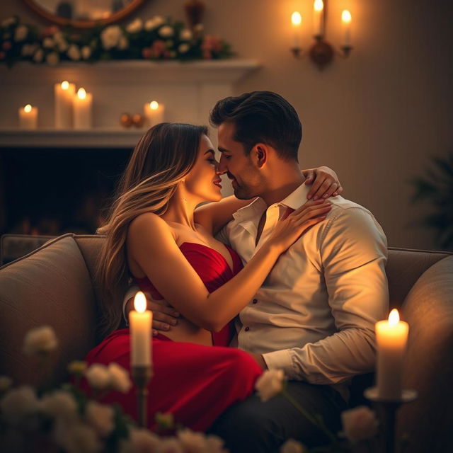 A passionate romantic scene between a couple in an intimate setting, warm candlelight illuminating their faces, as they embrace tenderly on a cozy sofa