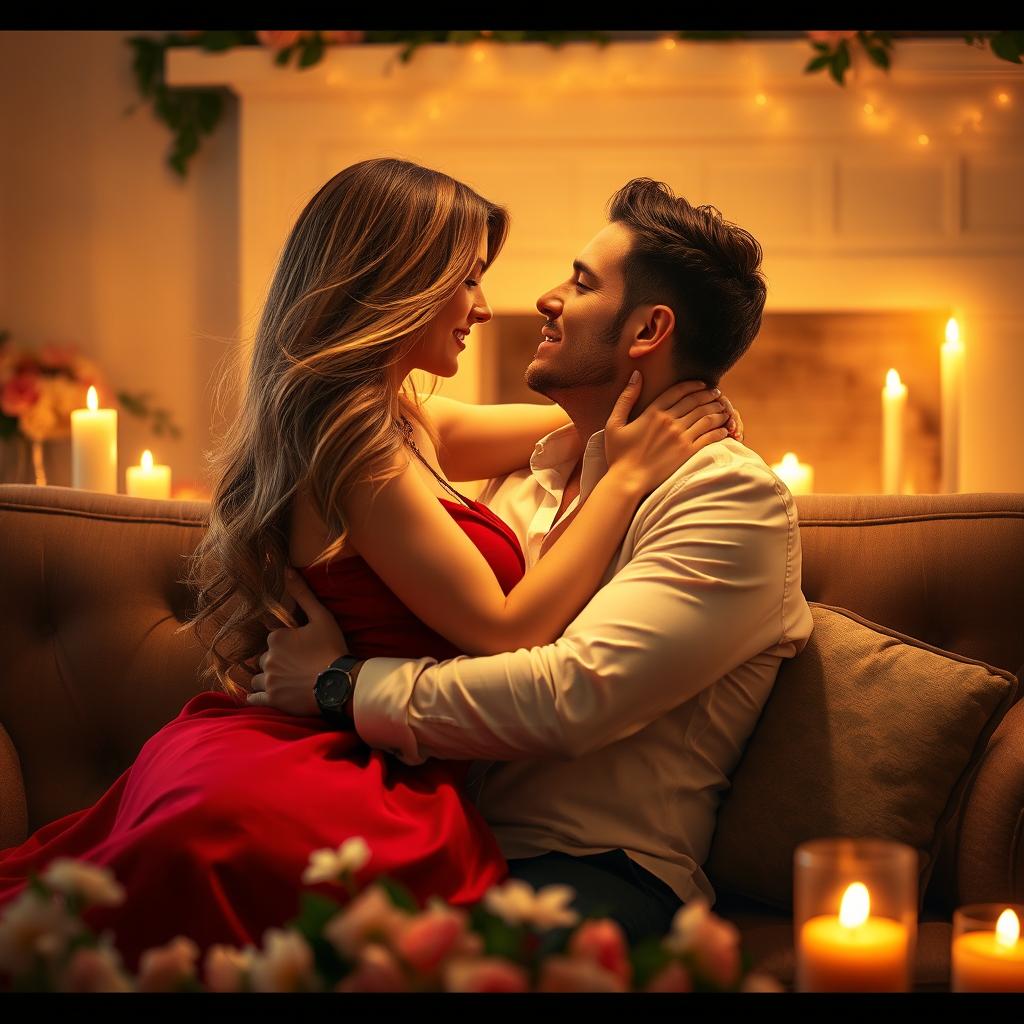 A passionate romantic scene between a couple in an intimate setting, warm candlelight illuminating their faces, as they embrace tenderly on a cozy sofa