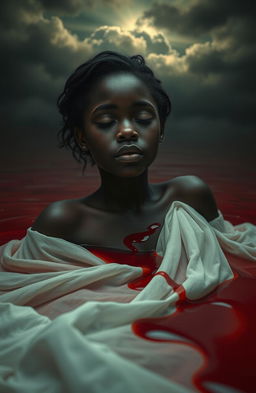 A poignant and dramatic scene featuring a young black lady, dressed in a flowing white dress, appearing to sink serenely into a pool of deep crimson blood