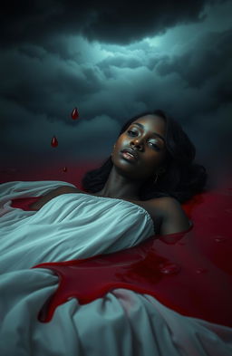 A poignant and dramatic scene featuring a young black lady, dressed in a flowing white dress, appearing to sink serenely into a pool of deep crimson blood