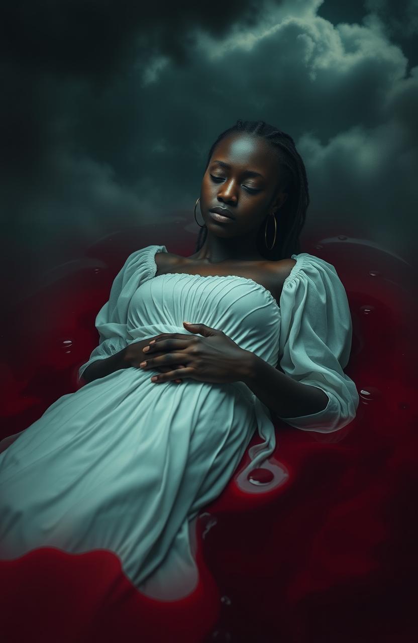 A poignant and dramatic scene featuring a young black lady, dressed in a flowing white dress, appearing to sink serenely into a pool of deep crimson blood