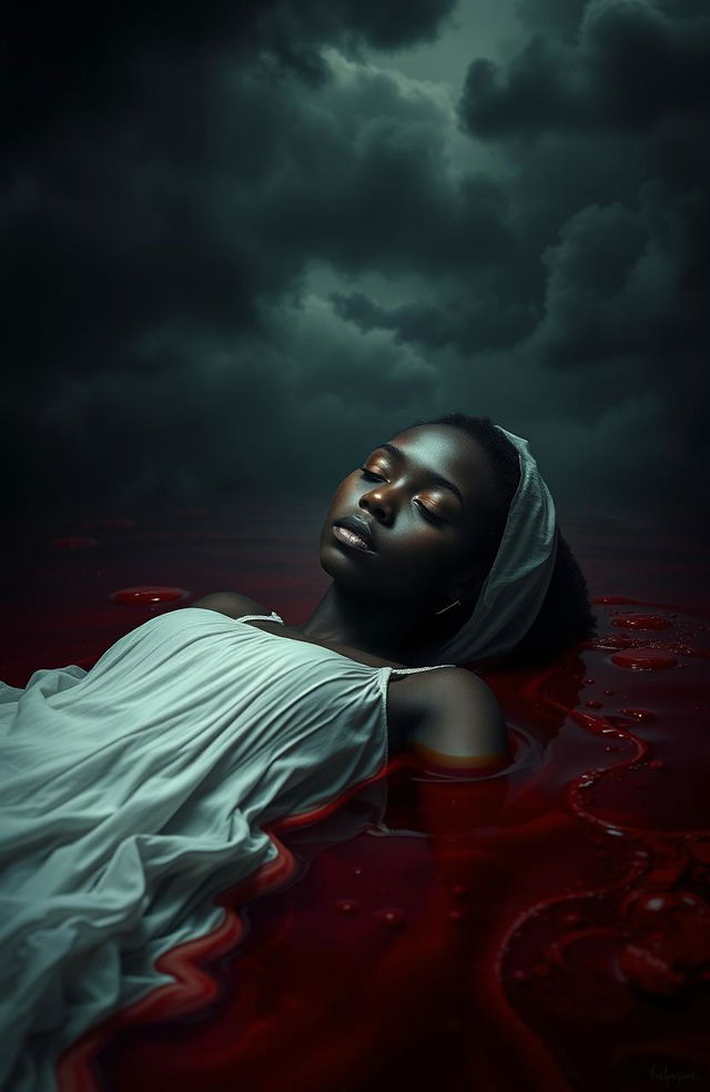 A poignant and dramatic scene featuring a young black lady, dressed in a flowing white dress, appearing to sink serenely into a pool of deep crimson blood