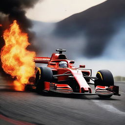 Piloto de F1 saliendo del fuego