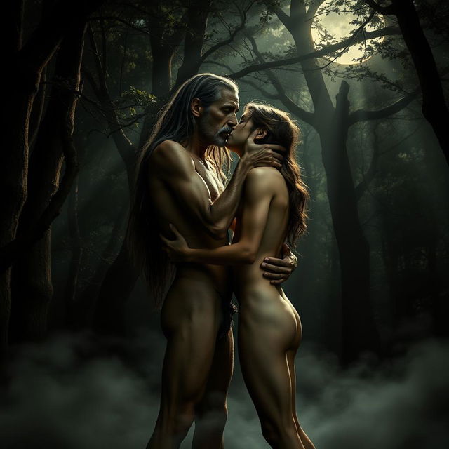 In a dark, mystical woods, a tall, emaciated man with long hair deeply embraces a shorter young man with long hair, both nude and engaged in a passionate kiss