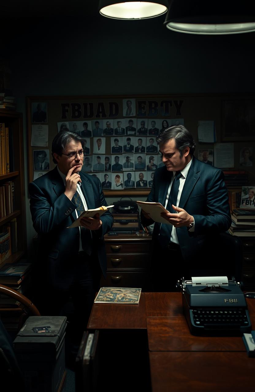 A dramatic scene inspired by the psychological thriller 'Mindhunter', featuring two charismatic FBI agents in a dimly lit, vintage office filled with books and case files