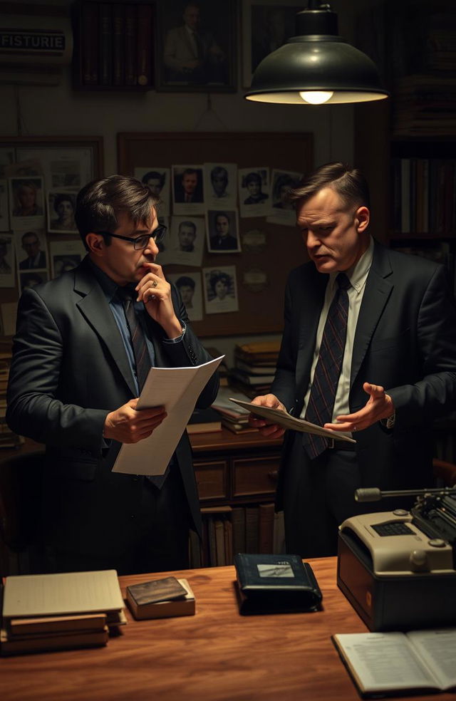 A dramatic scene inspired by the psychological thriller 'Mindhunter', featuring two charismatic FBI agents in a dimly lit, vintage office filled with books and case files