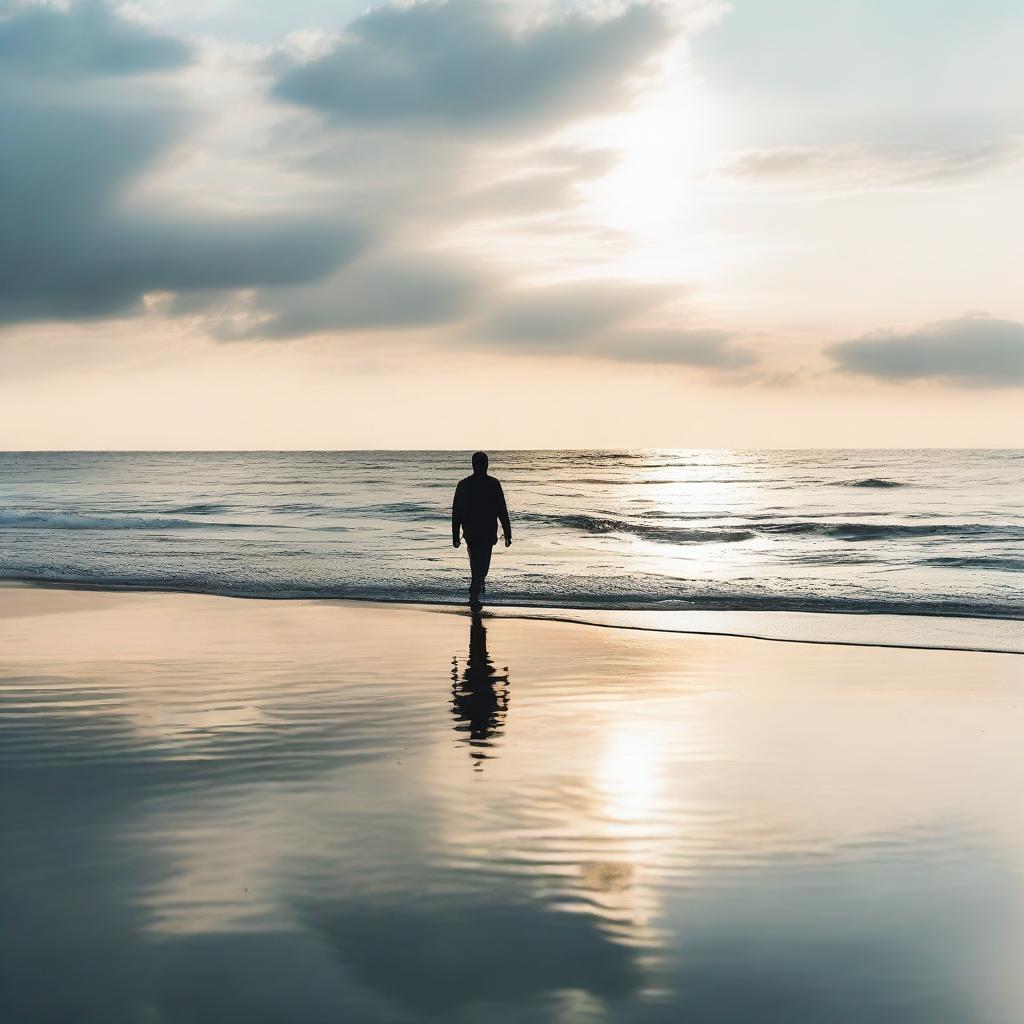 A tranquil scene of a person calmly walking on the surface of the ocean, basking in the serene beauty of the endless sea and sky