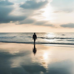 A tranquil scene of a person calmly walking on the surface of the ocean, basking in the serene beauty of the endless sea and sky