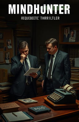 A dramatic scene inspired by the psychological thriller 'Mindhunter', featuring two charismatic FBI agents in a dimly lit, vintage office filled with books and case files