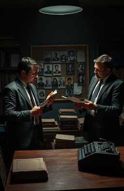 A dramatic scene inspired by the psychological thriller 'Mindhunter', featuring two charismatic FBI agents in a dimly lit, vintage office filled with books and case files