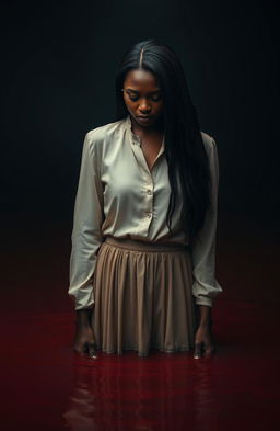 A young black lady dressed in a stylish yet modest modern outfit, featuring a soft cotton blouse and a long, flowing skirt in neutral tones