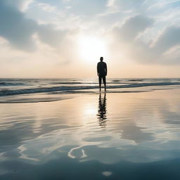 A tranquil scene of a person calmly walking on the surface of the ocean, basking in the serene beauty of the endless sea and sky