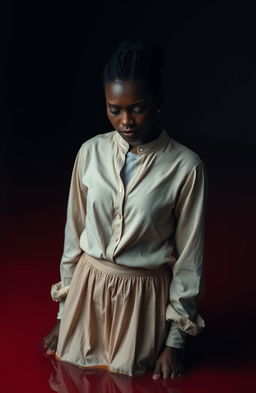 A young black lady dressed in a stylish yet modest modern outfit, featuring a soft cotton blouse and a long, flowing skirt in neutral tones