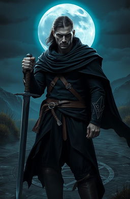 An epic fantasy scene featuring a 25-year-old male warrior dressed in a black cloak, holding a sword in one hand