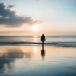 A tranquil scene of a person calmly walking on the surface of the ocean, basking in the serene beauty of the endless sea and sky