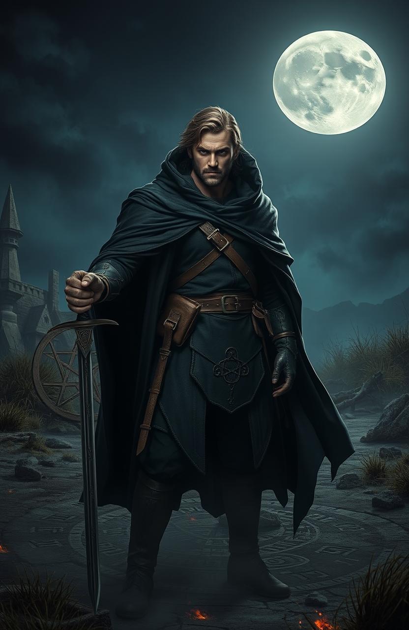 An epic fantasy scene featuring a 25-year-old male warrior dressed in a black cloak, holding a sword in one hand