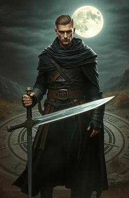 An epic fantasy scene featuring a 25-year-old male warrior dressed in a black cloak, holding a sword in one hand
