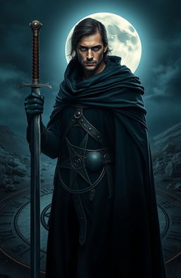 An epic fantasy scene featuring a 25-year-old male warrior dressed in a black cloak, holding a sword in one hand