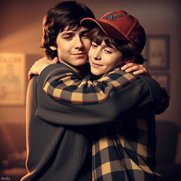 Will Byers and Mike Wheeler from Stranger Things sharing an emotional hug