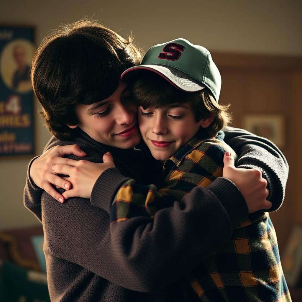 Will Byers and Mike Wheeler from Stranger Things sharing an emotional hug