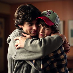 Will Byers and Mike Wheeler from Stranger Things sharing an emotional hug