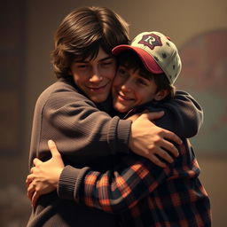 Will Byers and Mike Wheeler from Stranger Things sharing an emotional hug